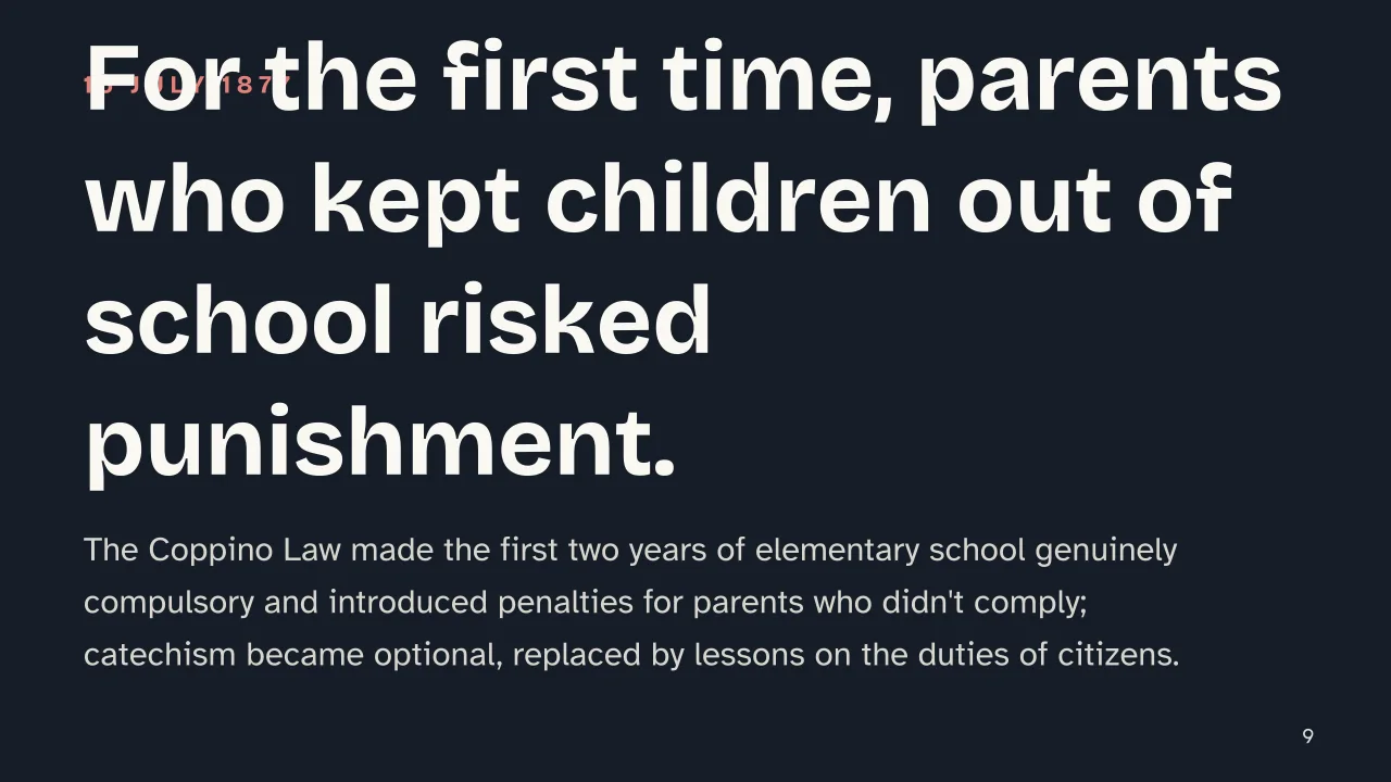 Slide 9 of the presentation on Public Education Movement: For the first time, parents who kept children out of school risked punishment.