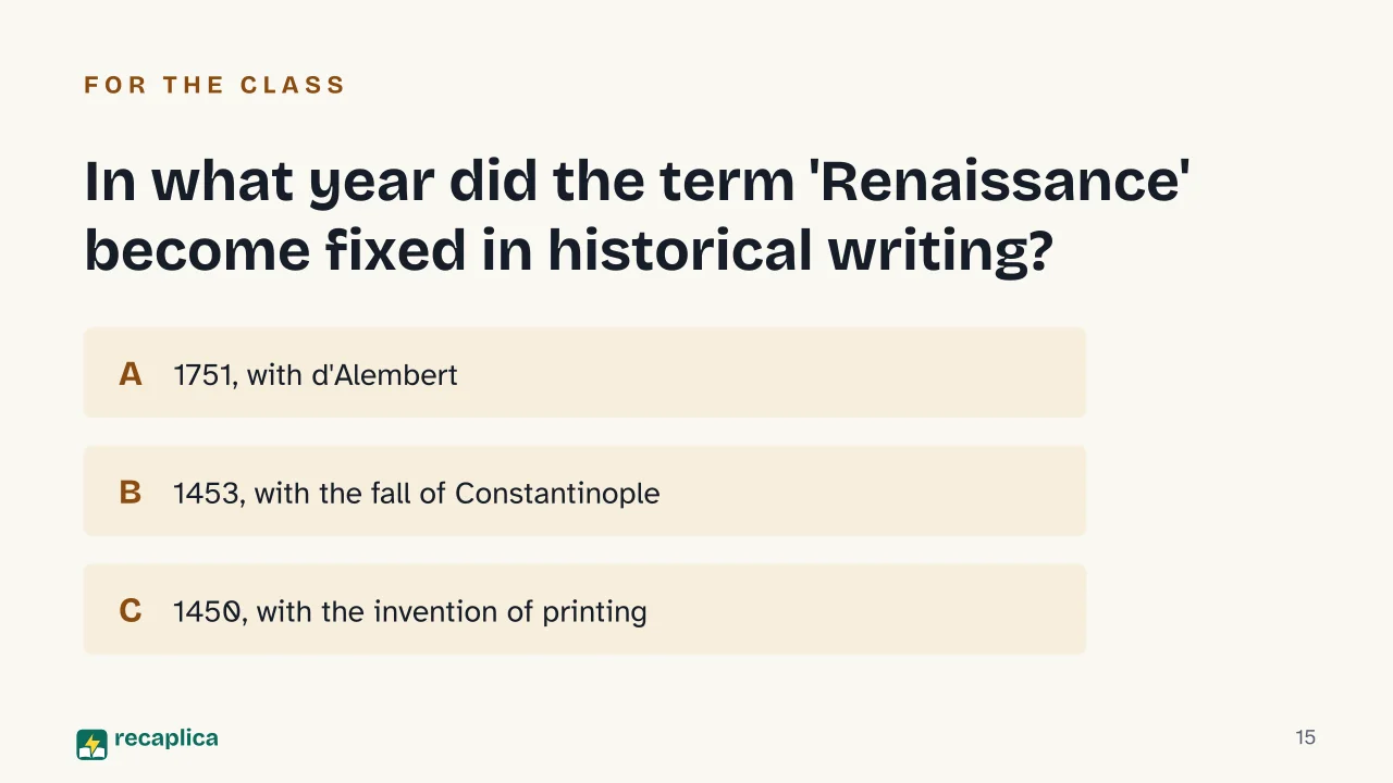 Slide 15 of the presentation on The Renaissance: In what year did the term 'Renaissance' become fixed in historical writing?