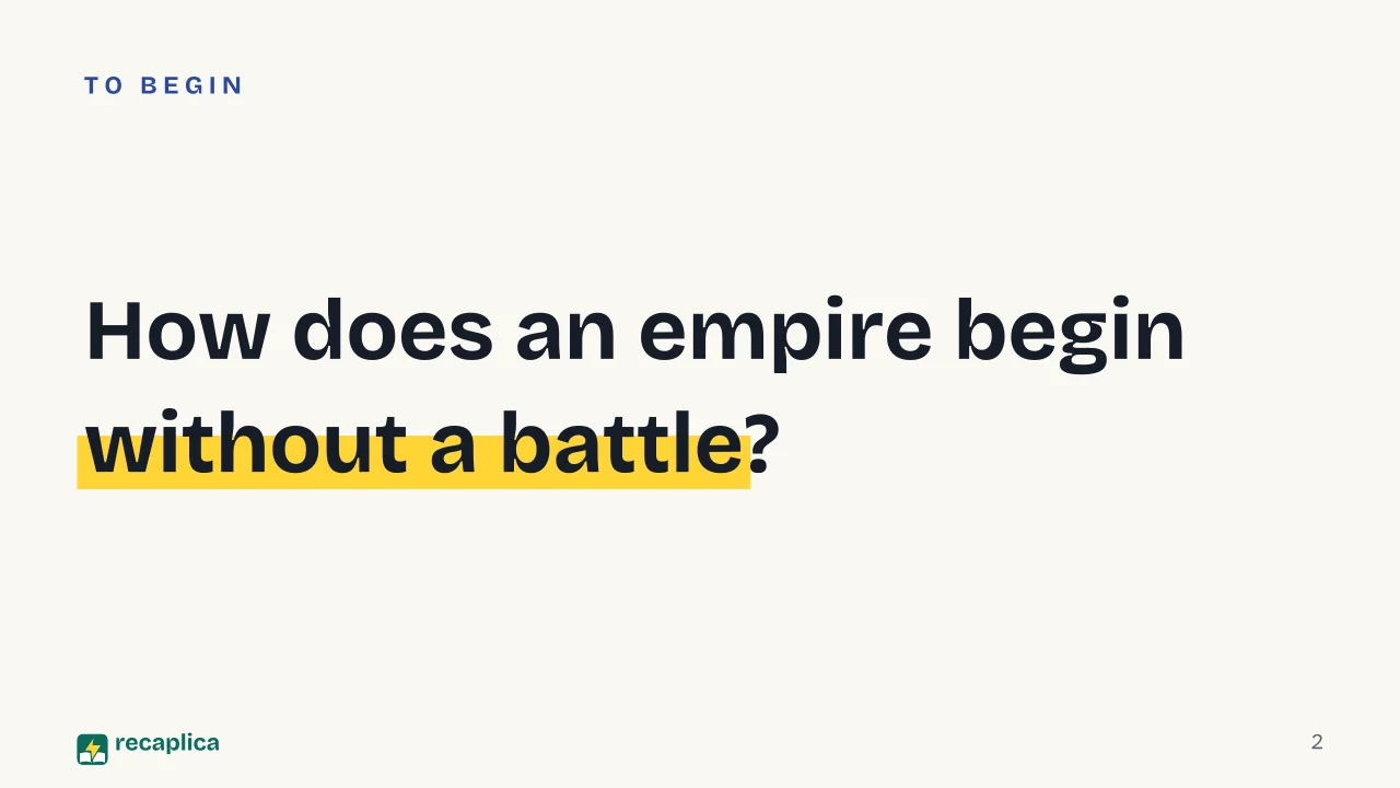Slide 2 of the presentation on The Roman Empire: How does an empire begin without a battle?