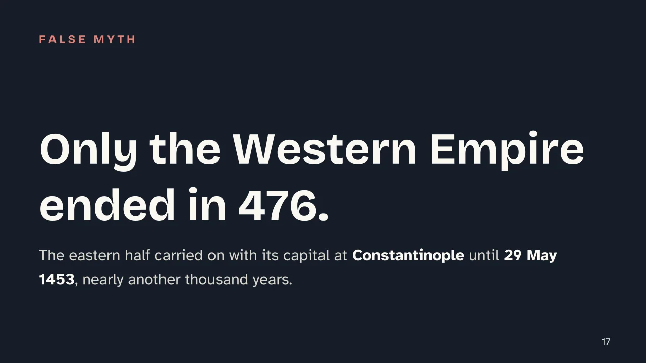 Slide 17 of the presentation on The Roman Empire: Only the Western Empire ended in 476.