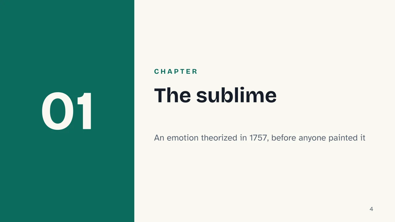 Slide 4 of the presentation on What Is Romanticism in Art? Period, Style and National Schools: Chapter 01: The sublime
