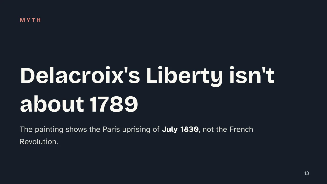 Slide 13 of the presentation on What Is Romanticism in Art? Period, Style and National Schools: Delacroix's Liberty isn't about 1789
