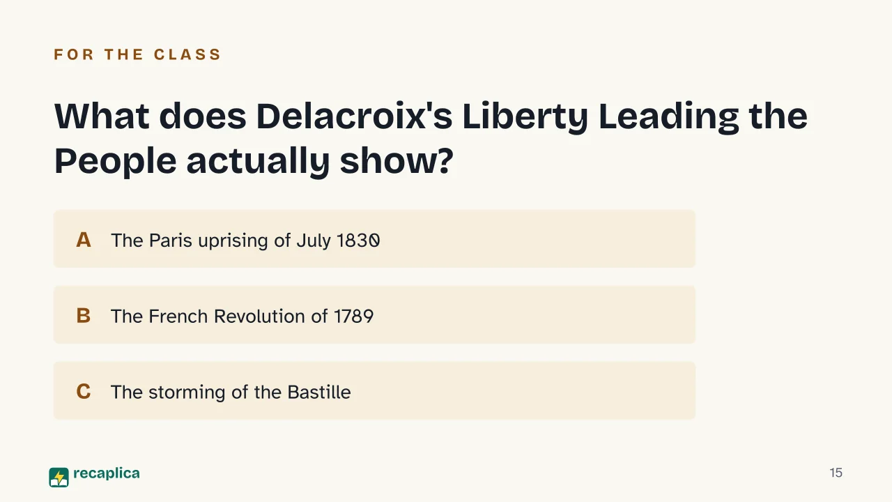 Slide 15 of the presentation on What Is Romanticism in Art? Period, Style and National Schools: What does Delacroix's Liberty Leading the People actually show?