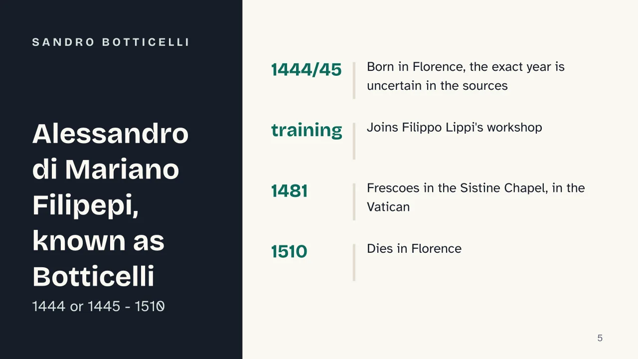 Slide 5 of the presentation on Botticelli: Sandro Botticelli