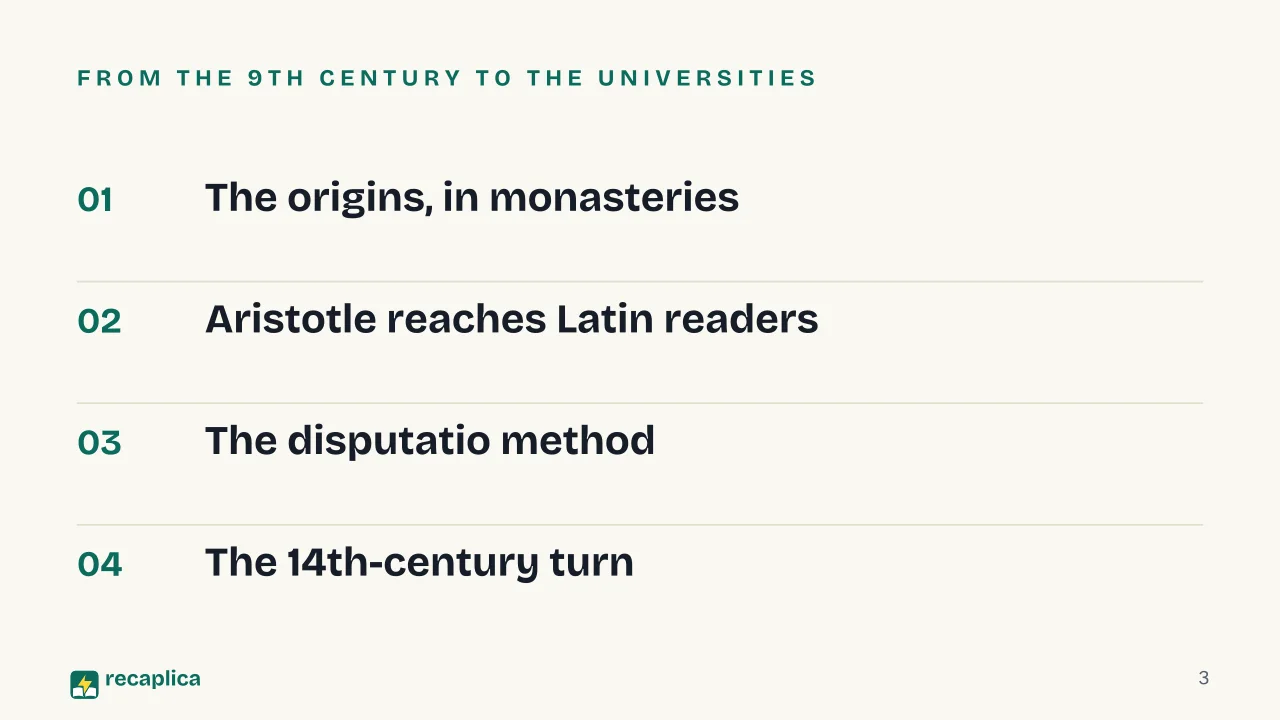 Slide 3 of the presentation on What Is Scholasticism? Origins and the 14th-Century Turn: From the 9th century to the universities