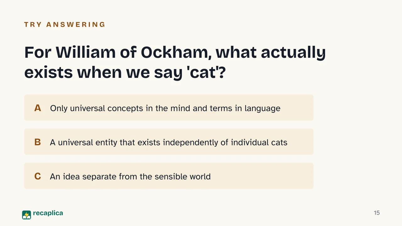 Slide 15 of the presentation on What Is Scholasticism? Origins and the 14th-Century Turn: For William of Ockham, what actually exists when we say 'cat'?