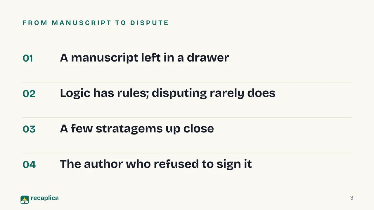 Slide 3 of the presentation on The Art of Being Right: From manuscript to dispute