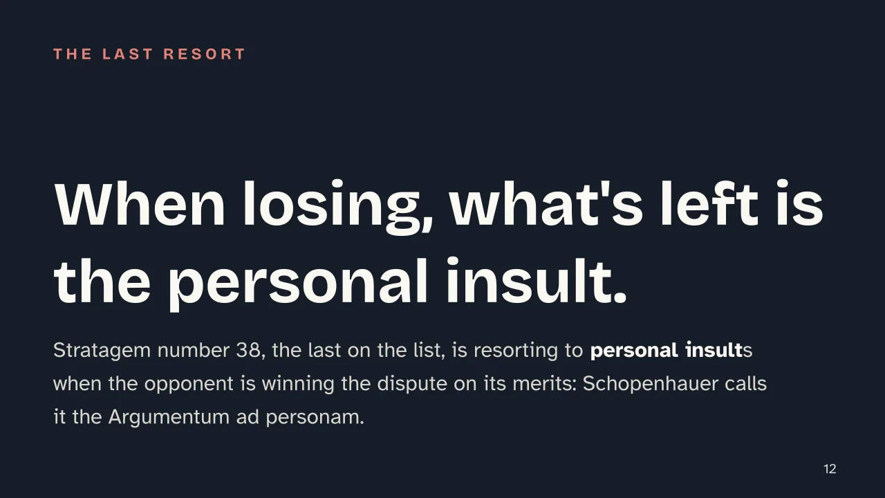 Slide 12 of the presentation on The Art of Being Right: When losing, what's left is the personal insult.