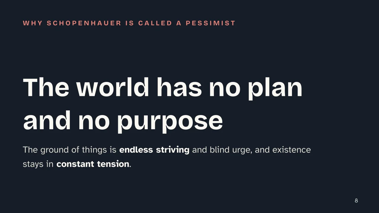 Slide 8 of the presentation on Schopenhauer: The world has no plan and no purpose