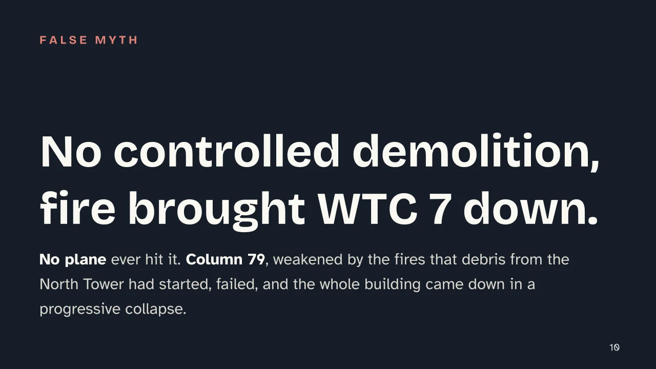 Slide 10 of the presentation on 9/11: No controlled demolition, fire brought WTC 7 down.