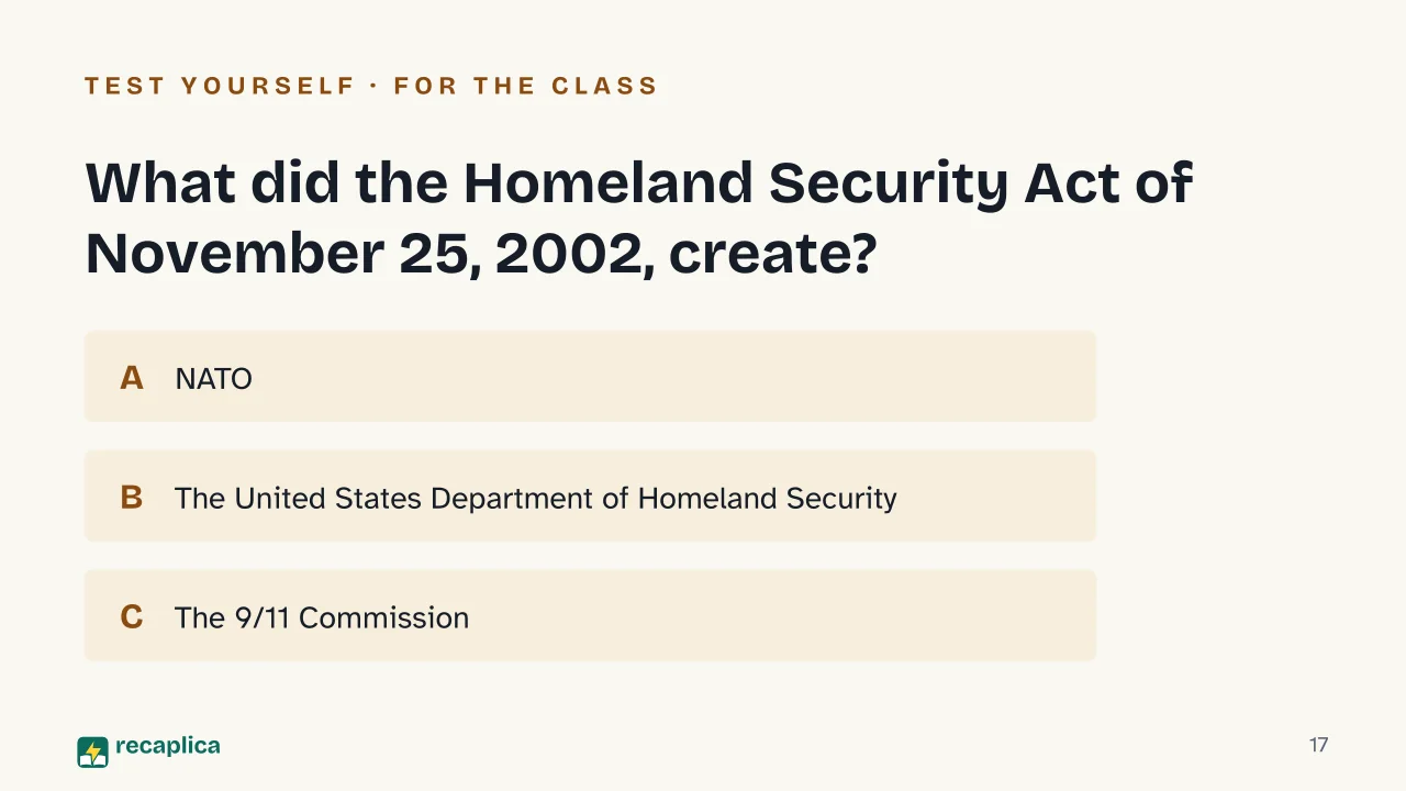 Slide 17 of the presentation on 9/11: What did the Homeland Security Act of November 25, 2002, create?