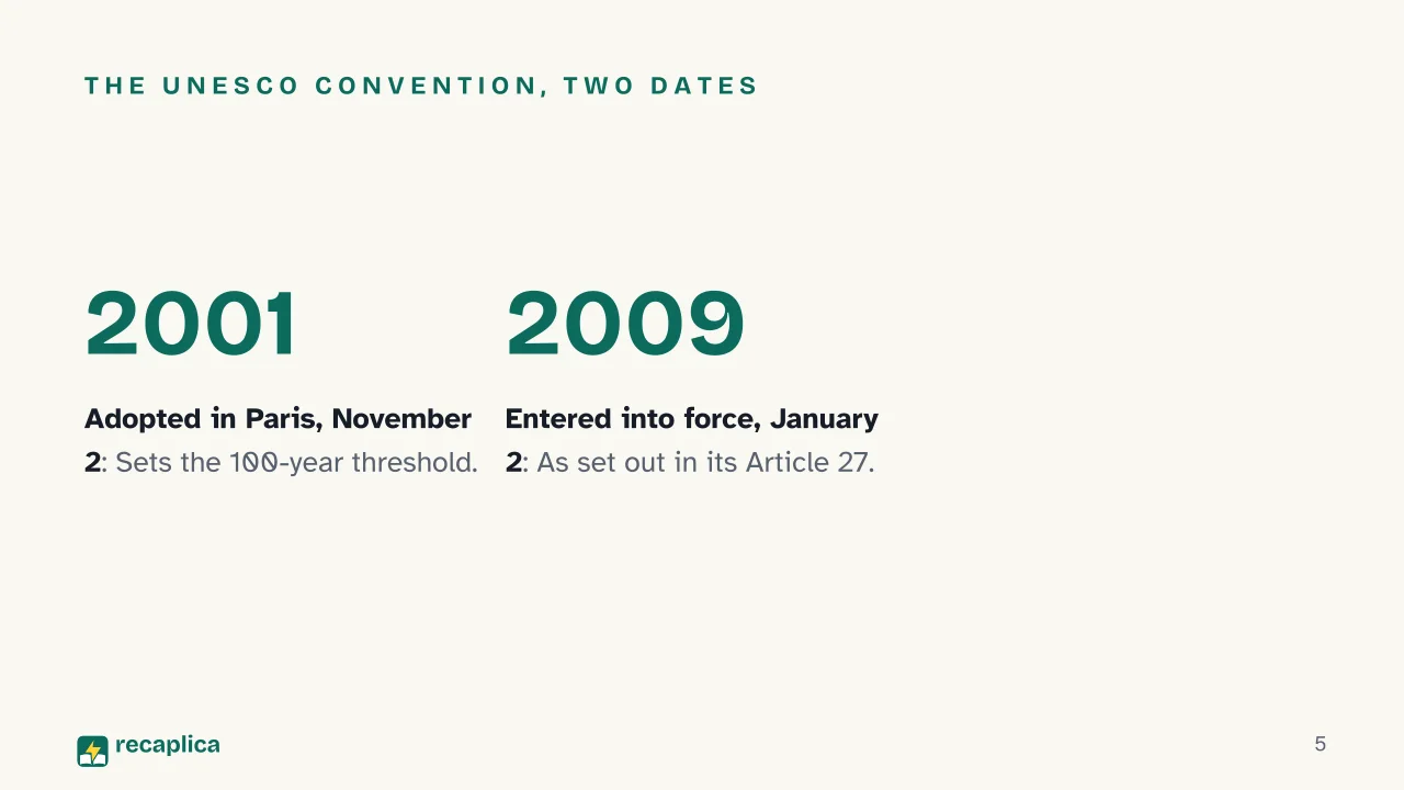 Slide 5 of the presentation on What Is a Shipwreck? How Archaeologists Study Them Underwater: The UNESCO Convention, two dates