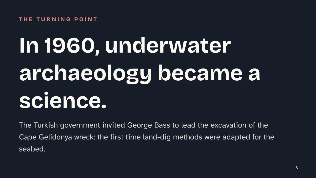 Slide 9 of the presentation on What Is a Shipwreck? How Archaeologists Study Them Underwater: In 1960, underwater archaeology became a science.