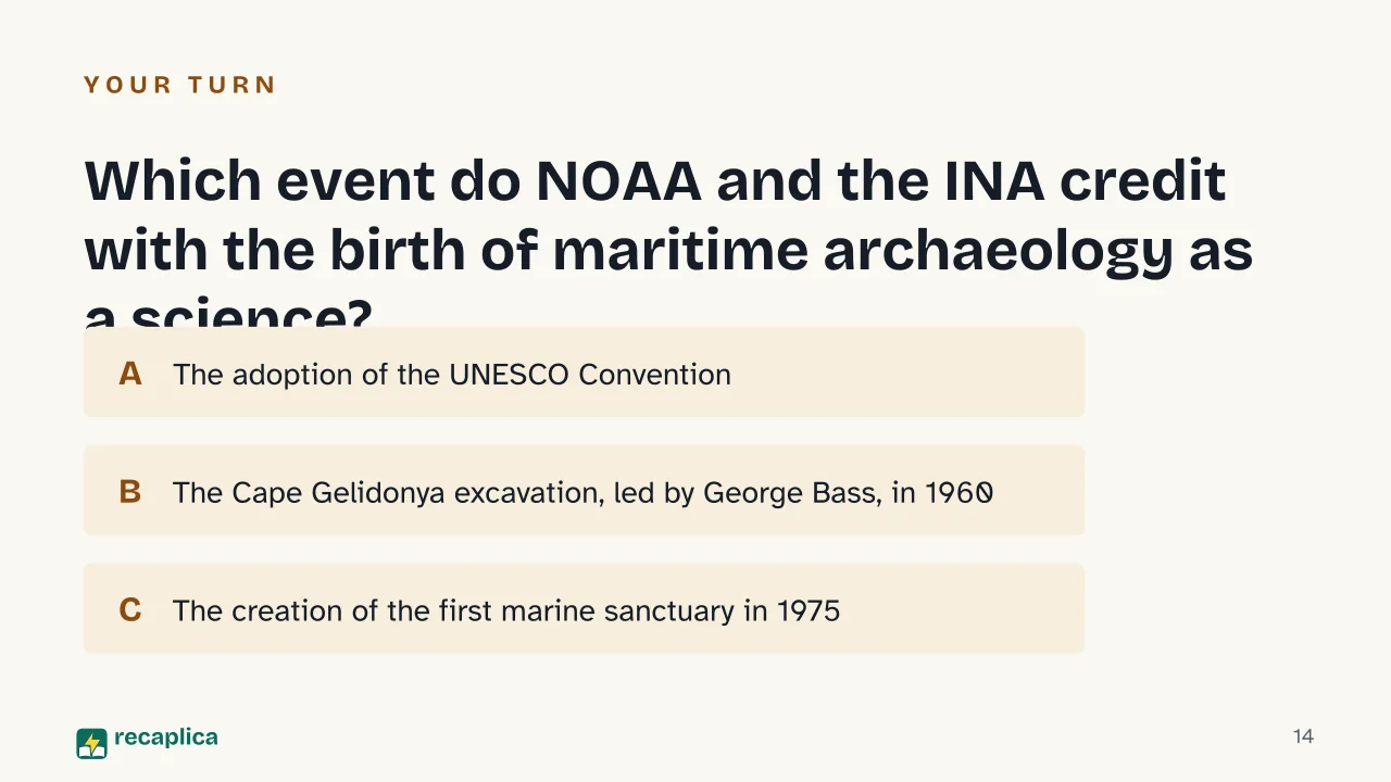 Slide 14 of the presentation on What Is a Shipwreck? How Archaeologists Study Them Underwater: Which event do NOAA and the INA credit with the birth of maritime archaeology as a science?