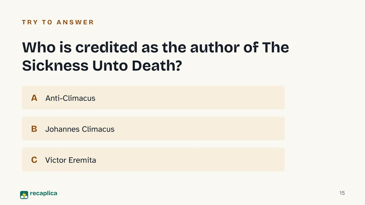 Slide 15 of the presentation on The Sickness Unto Death: Who is credited as the author of The Sickness Unto Death?