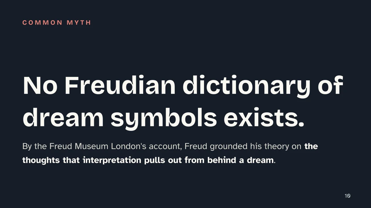 Slide 10 of the presentation on Sigmund Freud's Interpretation of Dreams: No Freudian dictionary of dream symbols exists.