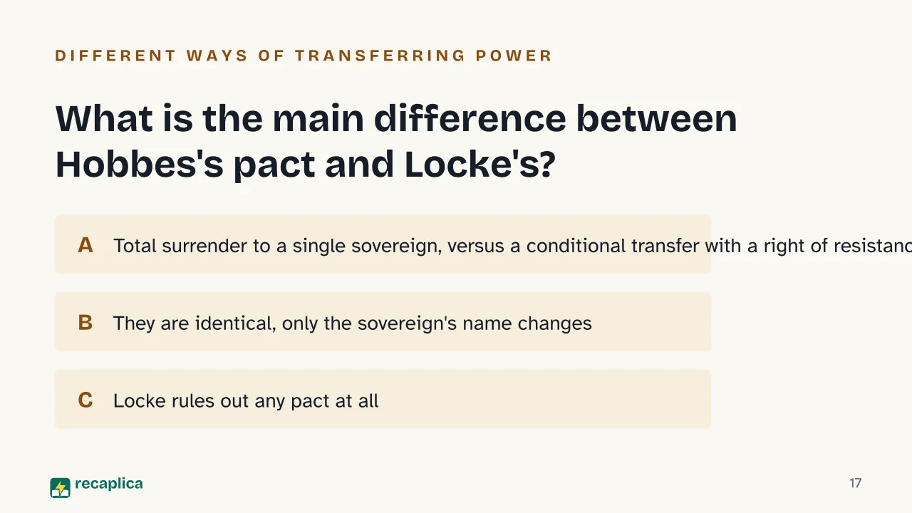 Slide 17 of the presentation on Social Contract Theory: What is the main difference between Hobbes's pact and Locke's?