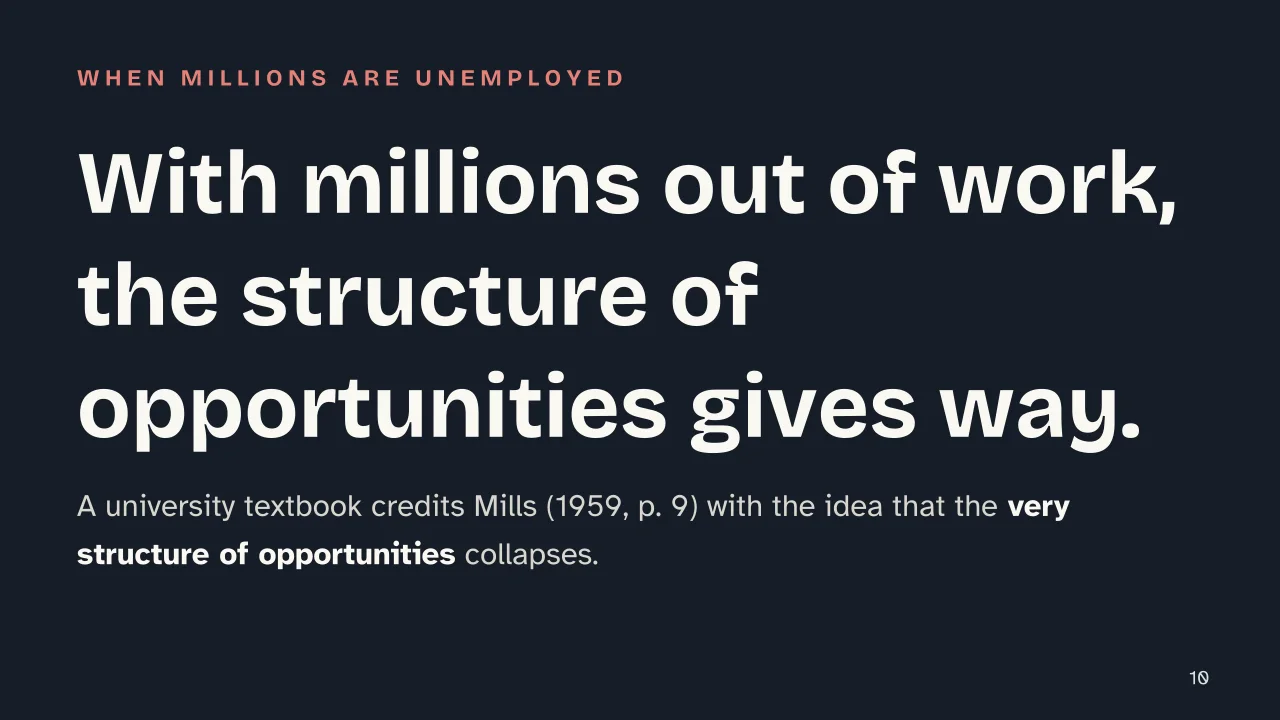 Slide 10 of the presentation on Sociological Imagination: With millions out of work, the structure of opportunities gives way.