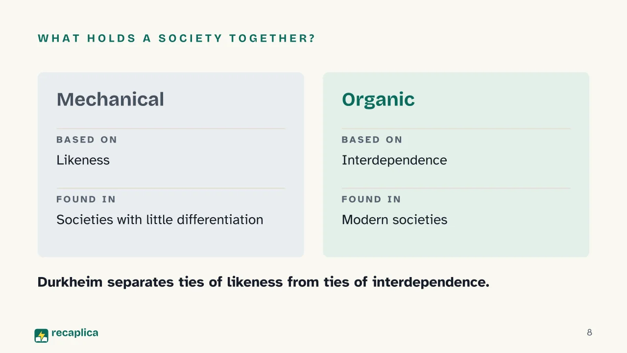 Slide 8 of the presentation on What Is Sociology? The Main Sociological Theories and Thinkers: What holds a society together?