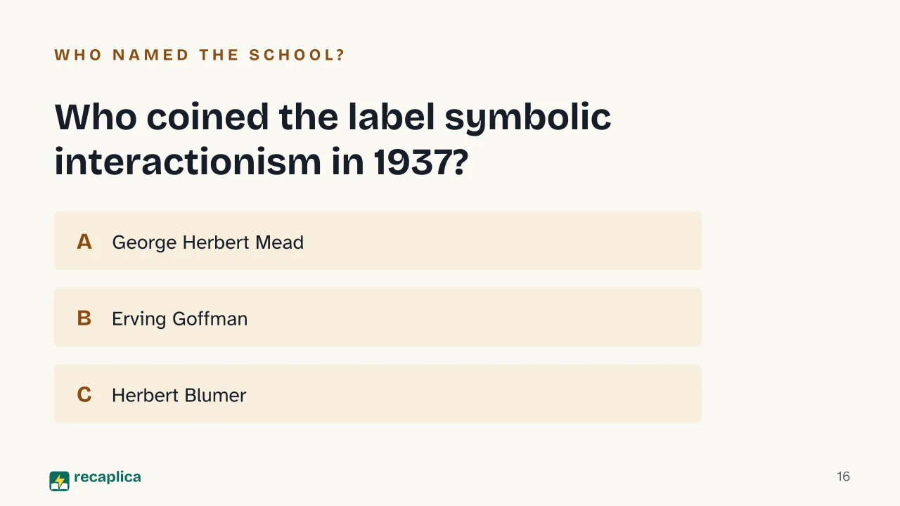 Slide 16 of the presentation on What Is Sociology? The Main Sociological Theories and Thinkers: Who coined the label symbolic interactionism in 1937?