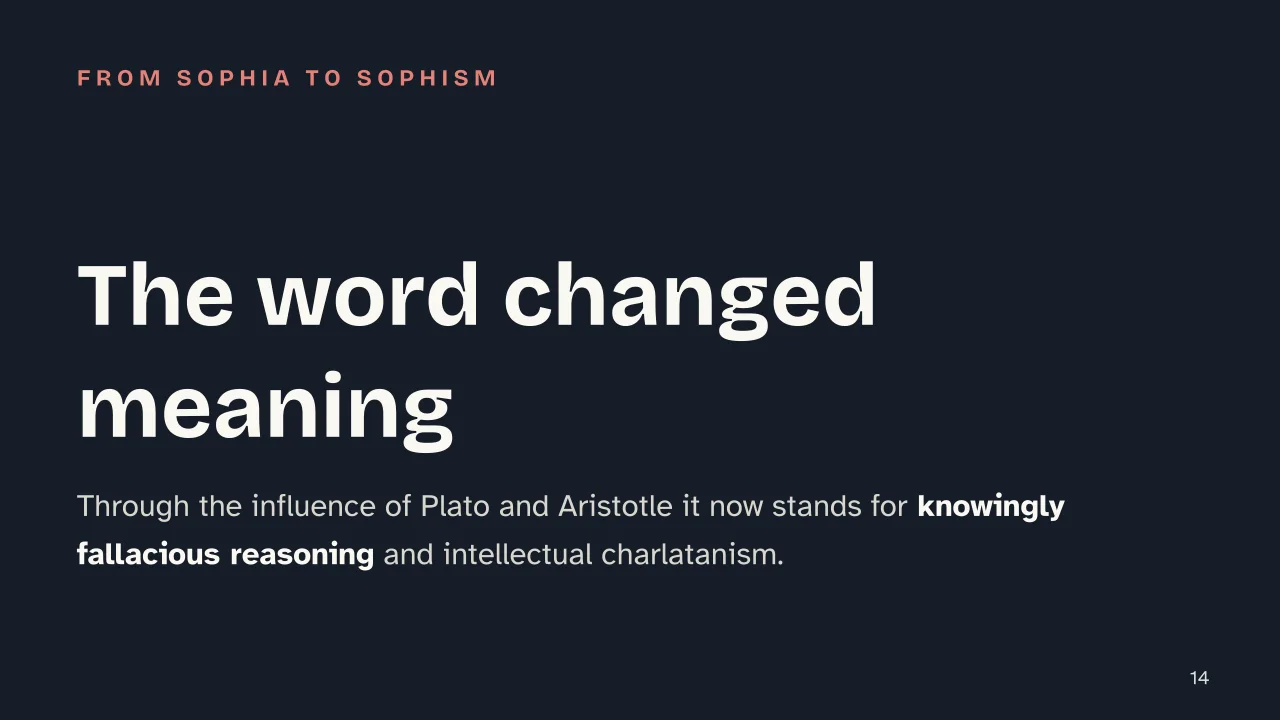 Slide 14 of the presentation on Sophists: The word changed meaning