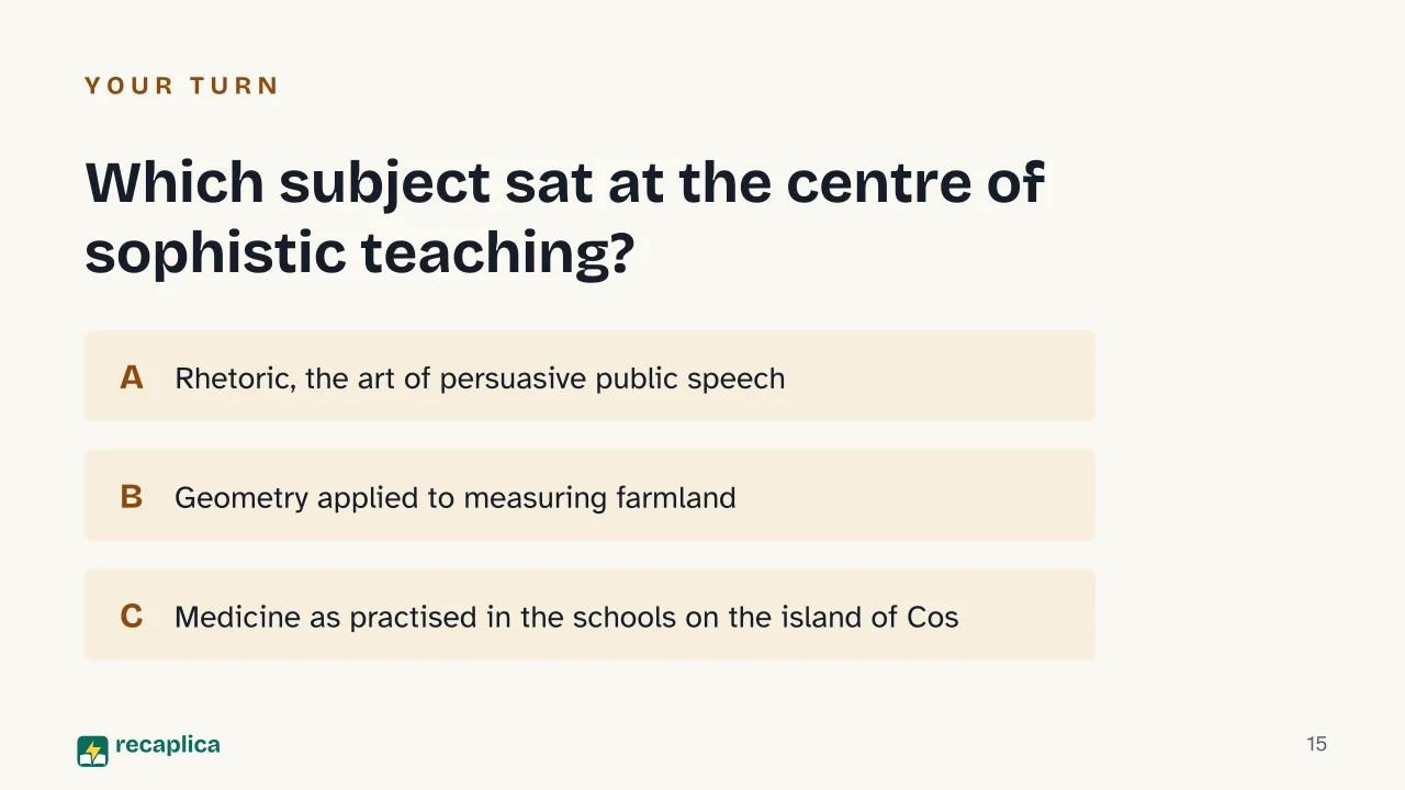 Slide 15 of the presentation on Sophists: Which subject sat at the centre of sophistic teaching?