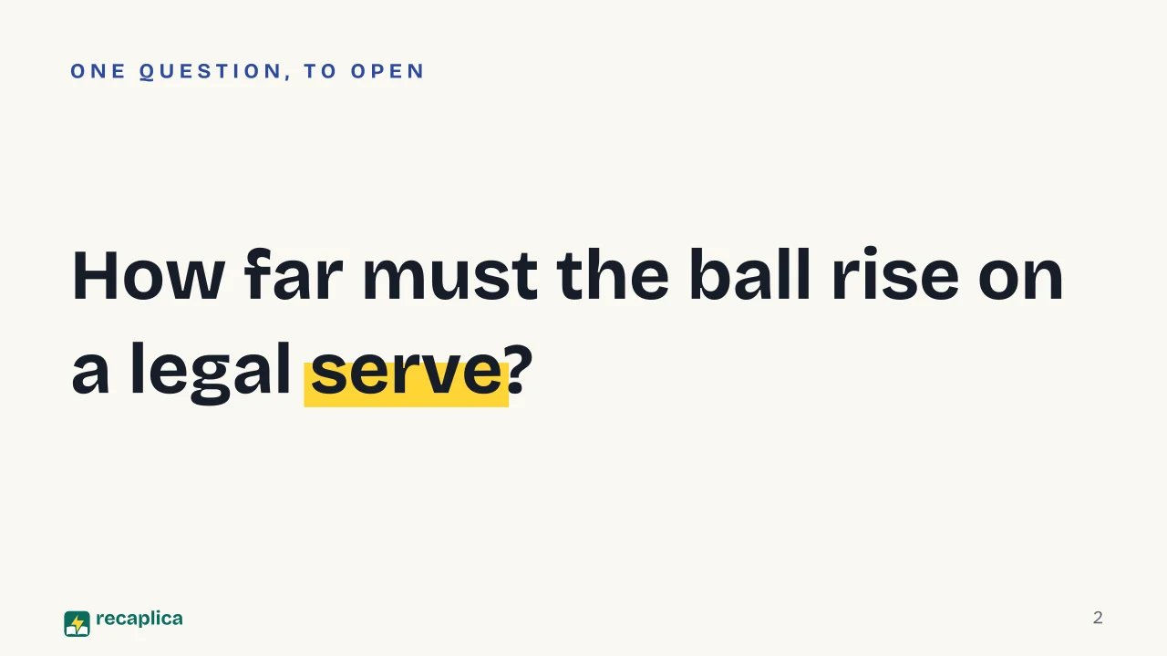 Slide 2 of the presentation on Table Tennis Rules: How far must the ball rise on a legal serve?