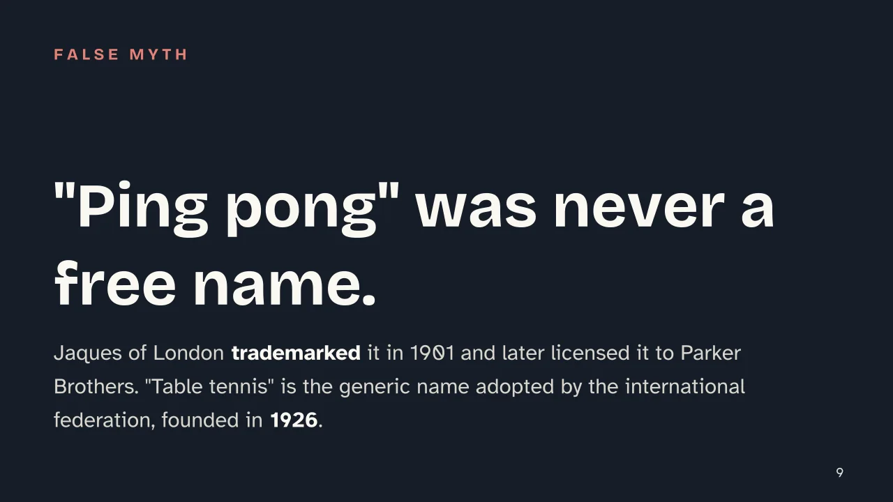 Slide 9 of the presentation on Table Tennis Rules: "Ping pong" was never a free name.