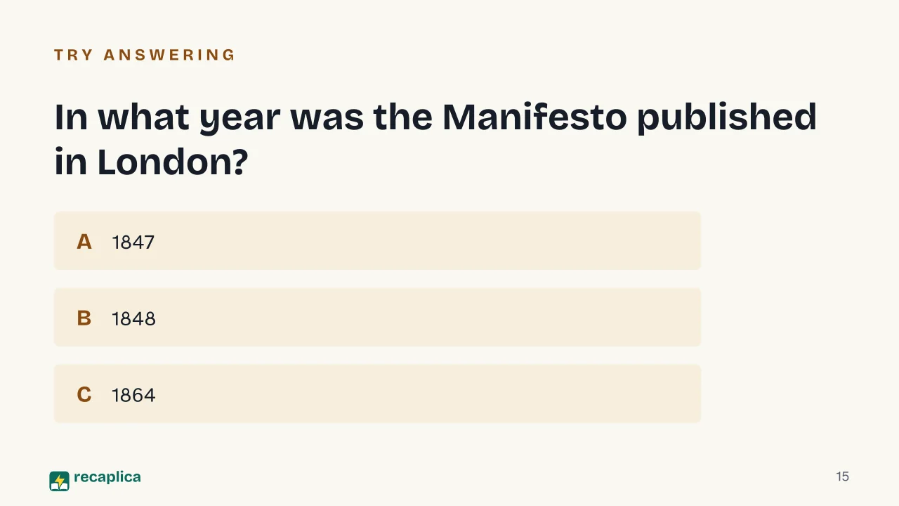 Slide 15 of the presentation on Communist Manifesto: In what year was the Manifesto published in London?
