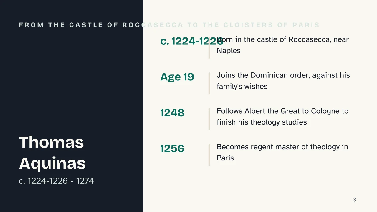 Slide 3 of the presentation on Thomas Aquinas: From the castle of Roccasecca to the cloisters of Paris