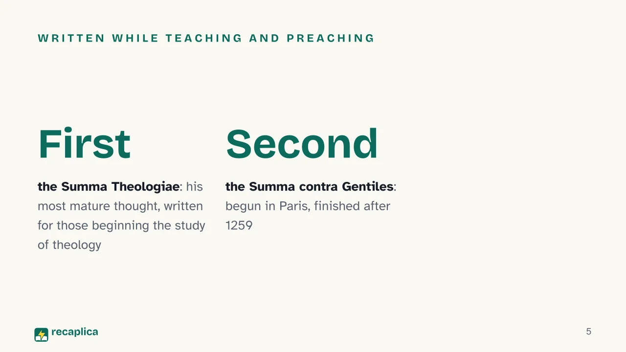 Slide 5 of the presentation on Thomas Aquinas: Written while teaching and preaching