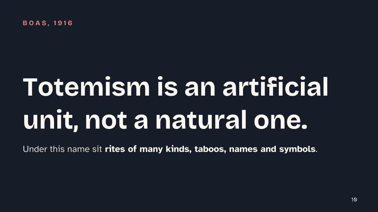 Slide 10 of the presentation on What Is Totemism? How Anthropologists Explained It: Totemism is an artificial unit, not a natural one.