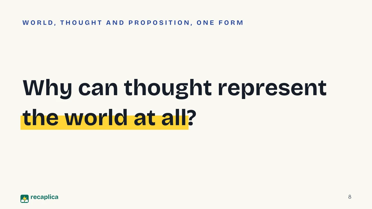 Slide 8 of the presentation on Tractatus Logico-Philosophicus: Why can thought represent the world at all?