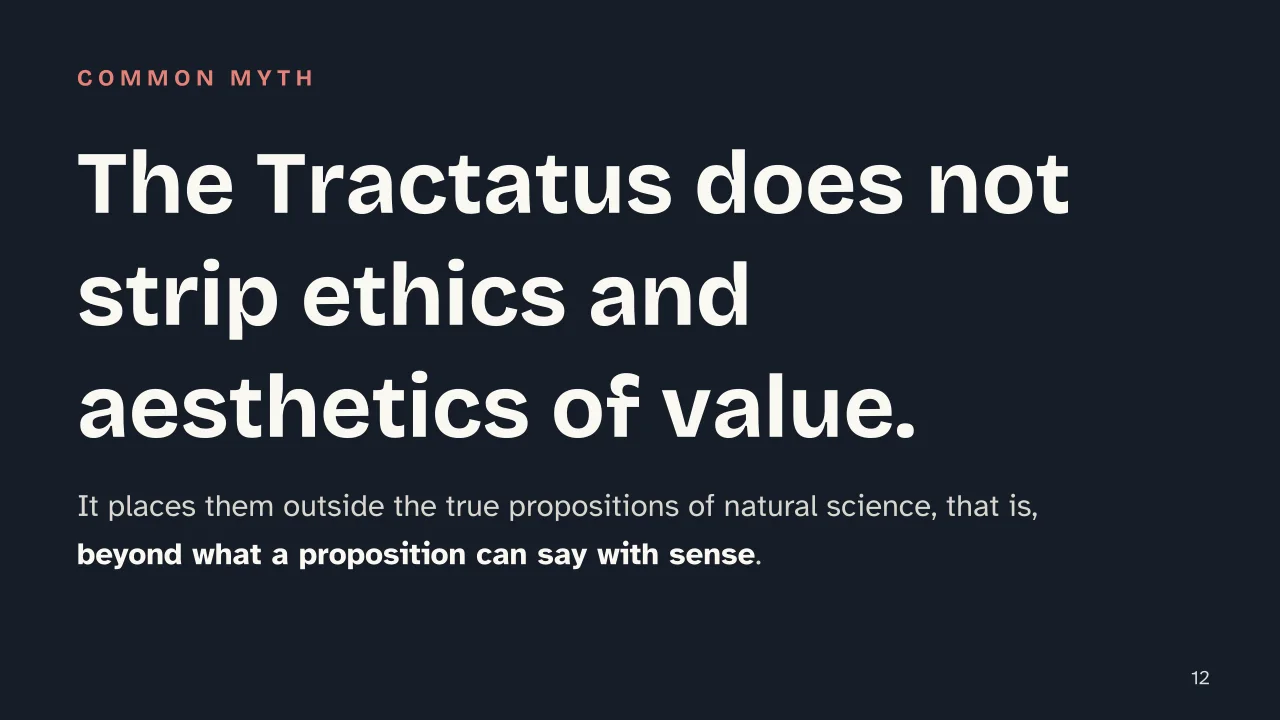 Slide 12 of the presentation on Tractatus Logico-Philosophicus: The Tractatus does not strip ethics and aesthetics of value.