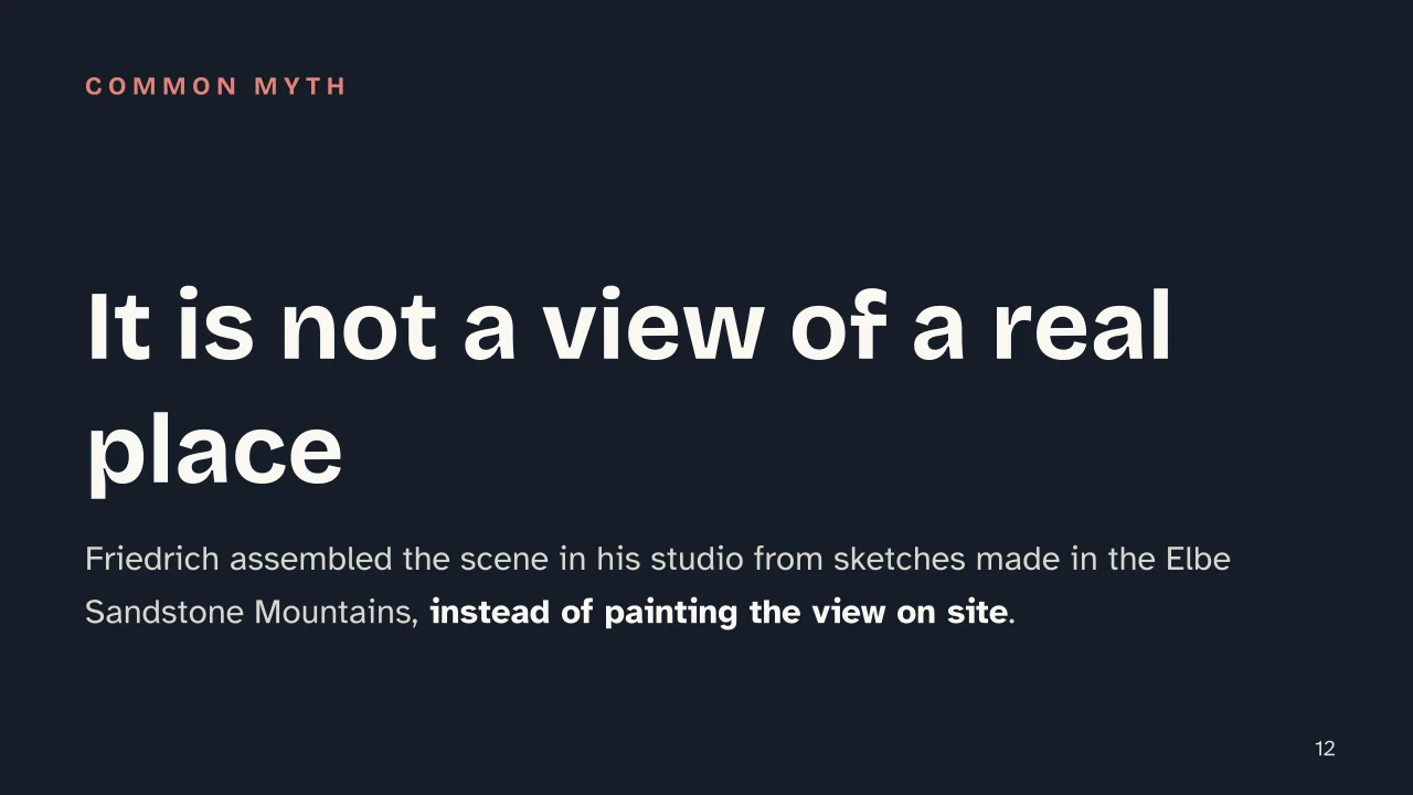 Slide 12 of the presentation on Wanderer above the Sea of Fog: It is not a view of a real place