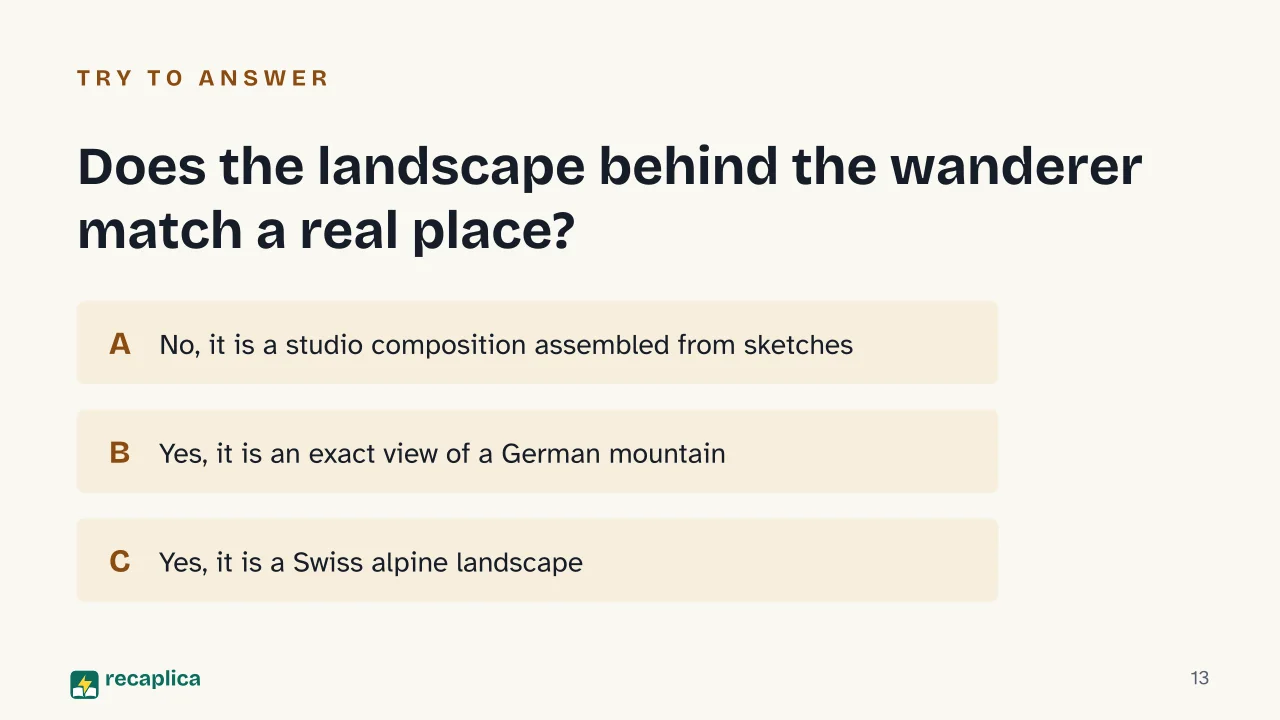 Slide 13 of the presentation on Wanderer above the Sea of Fog: Does the landscape behind the wanderer match a real place?