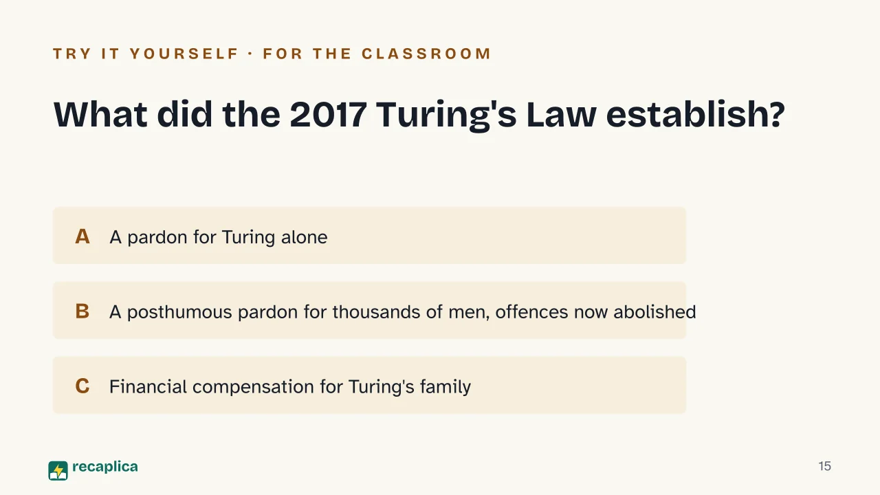 Slide 15 of the presentation on Was Alan Turing Gay? The 1952 Conviction, Chemical Castration and Pardon: What did the 2017 Turing's Law establish?