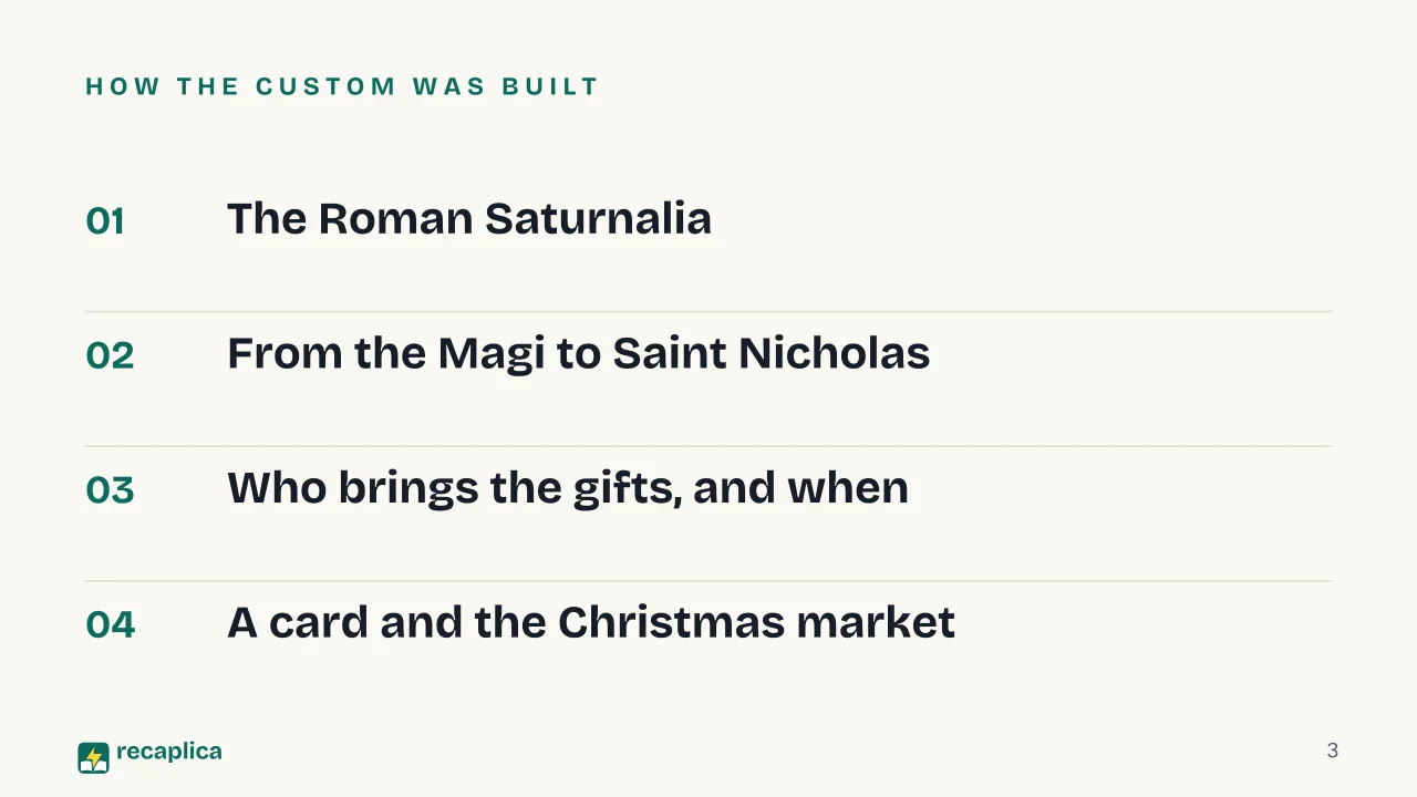 Slide 3 of the presentation on Why do we give gifts at Christmas, from Saturnalia to Saint Nicholas: How the custom was built