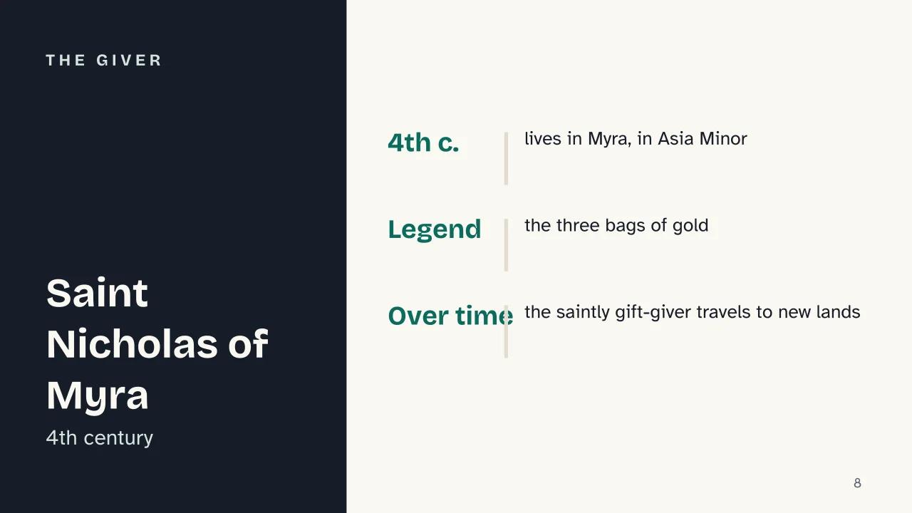 Slide 8 of the presentation on Why do we give gifts at Christmas, from Saturnalia to Saint Nicholas: The giver
