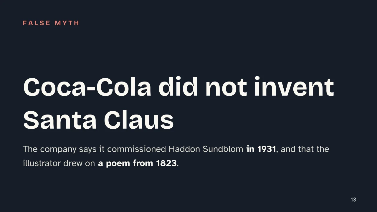 Slide 13 of the presentation on Why do we give gifts at Christmas, from Saturnalia to Saint Nicholas: Coca-Cola did not invent Santa Claus