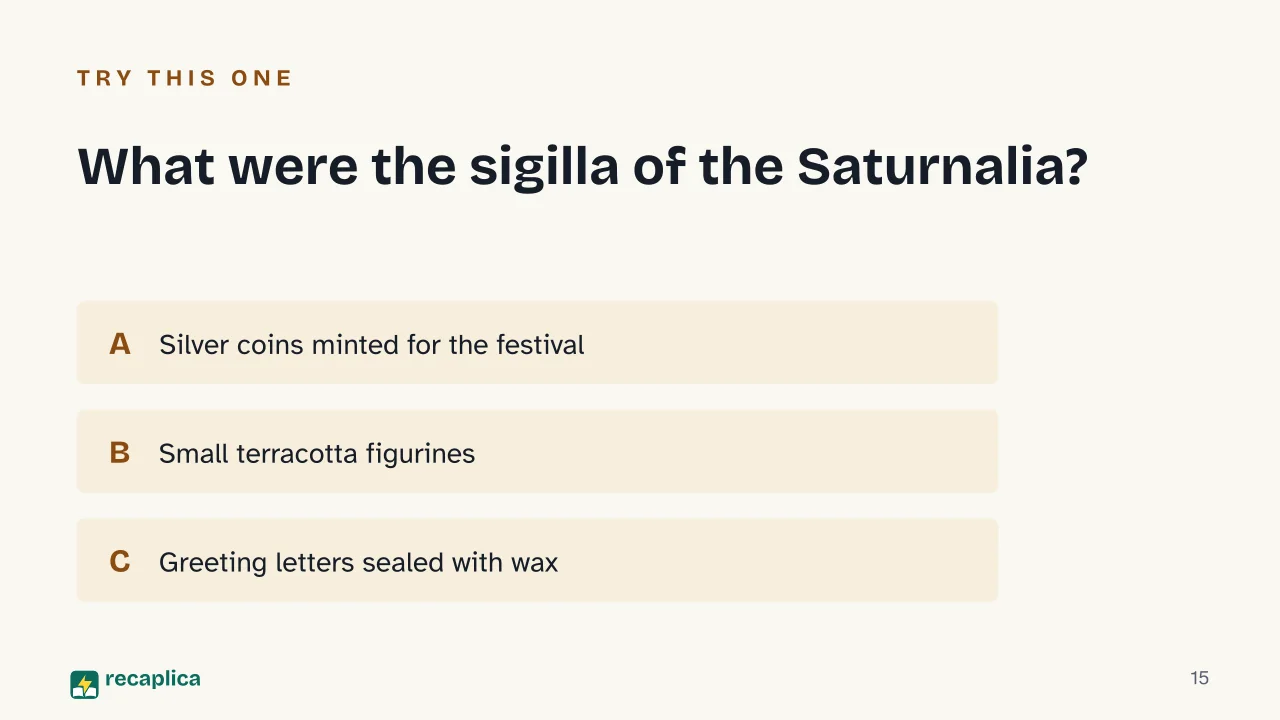 Slide 15 of the presentation on Why do we give gifts at Christmas, from Saturnalia to Saint Nicholas: What were the sigilla of the Saturnalia?