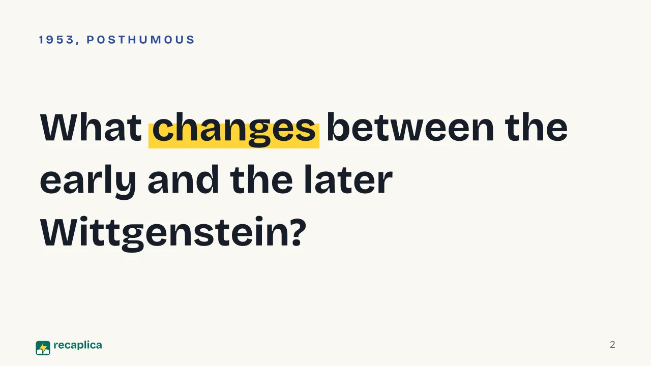 Slide 2 of the presentation on Wittgenstein's Philosophical Investigations: What changes between the early and the later Wittgenstein?
