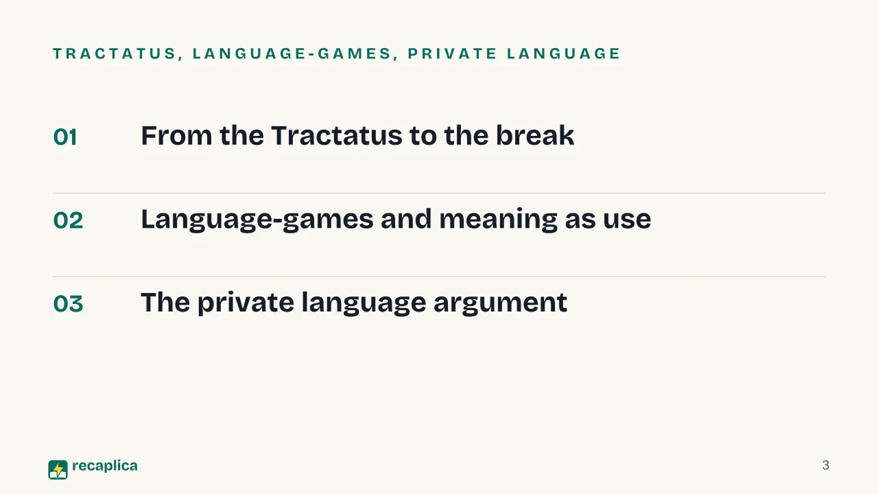 Slide 3 of the presentation on Wittgenstein's Philosophical Investigations: Tractatus, language-games, private language