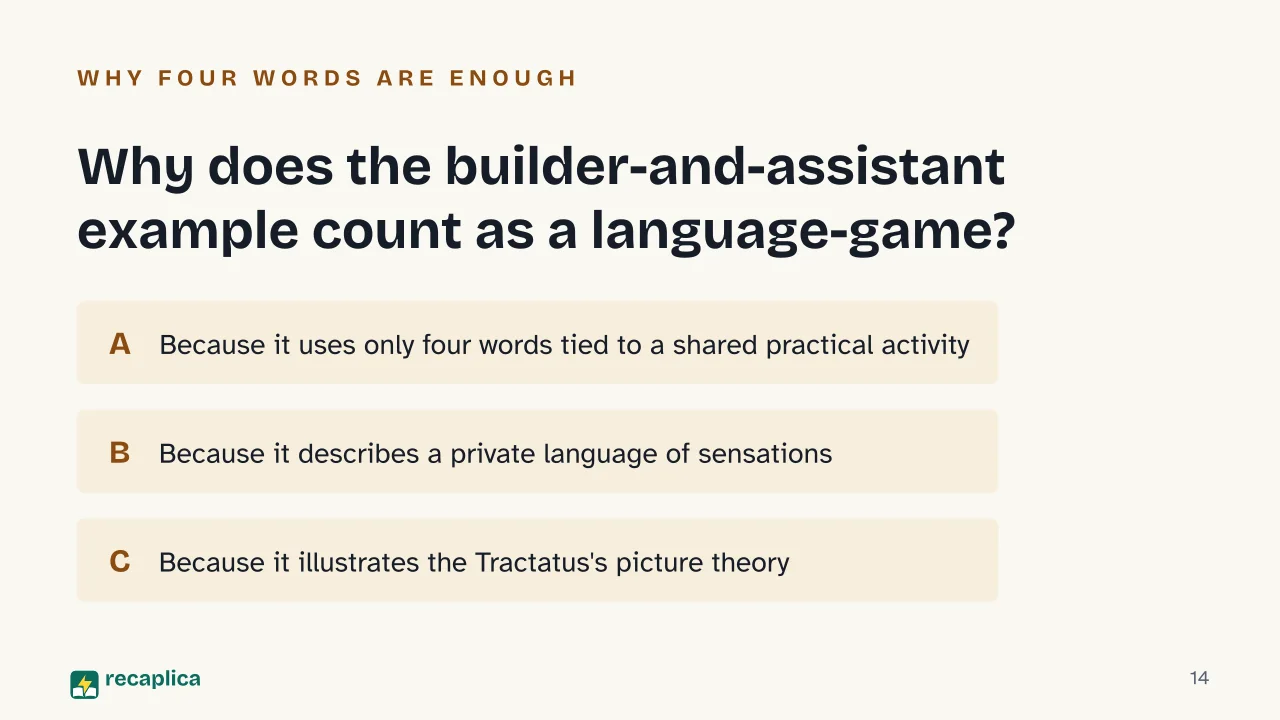 Slide 14 of the presentation on Wittgenstein's Philosophical Investigations: Why does the builder-and-assistant example count as a language-game?