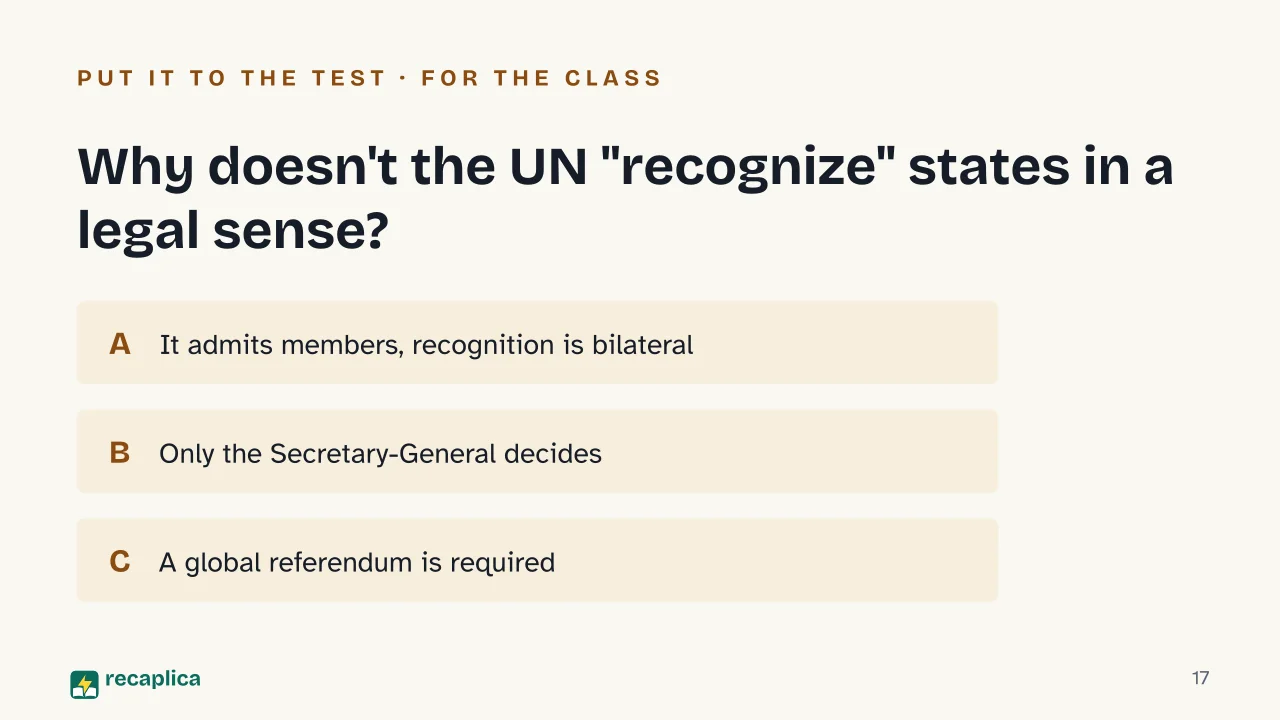 Slide 17 of the presentation on The World Map: Why doesn't the UN "recognize" states in a legal sense?