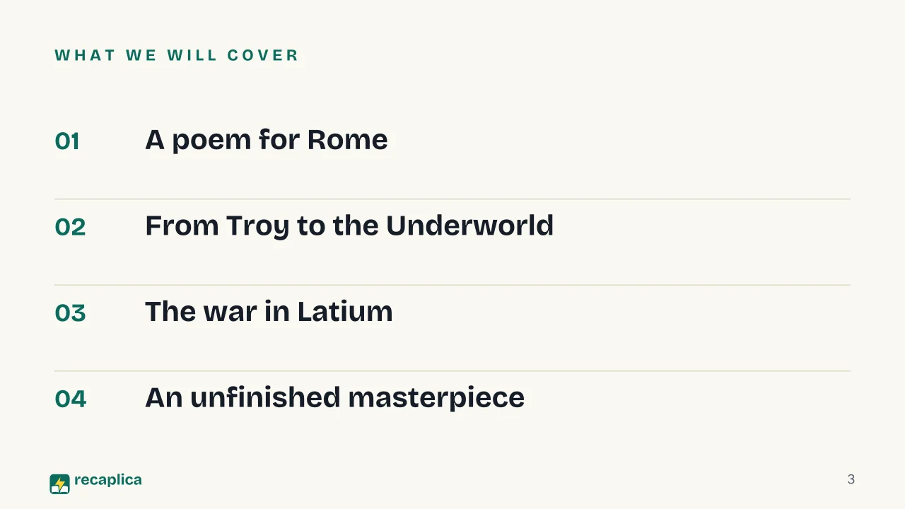 Slide 3 of the presentation on The Aeneid by Virgil: What we will cover
