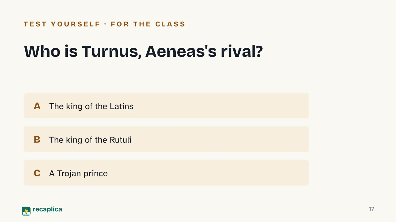 Slide 17 of the presentation on The Aeneid by Virgil: Who is Turnus, Aeneas's rival?