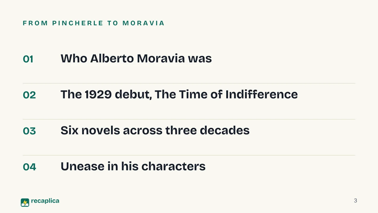 Slide 3 of the presentation on Alberto Moravia: From Pincherle to Moravia