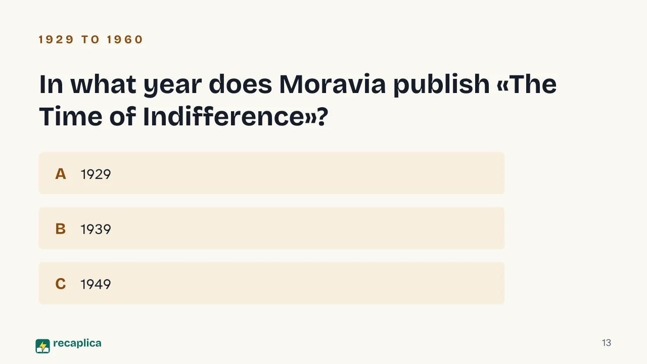Slide 13 of the presentation on Alberto Moravia: In what year does Moravia publish «The Time of Indifference»?
