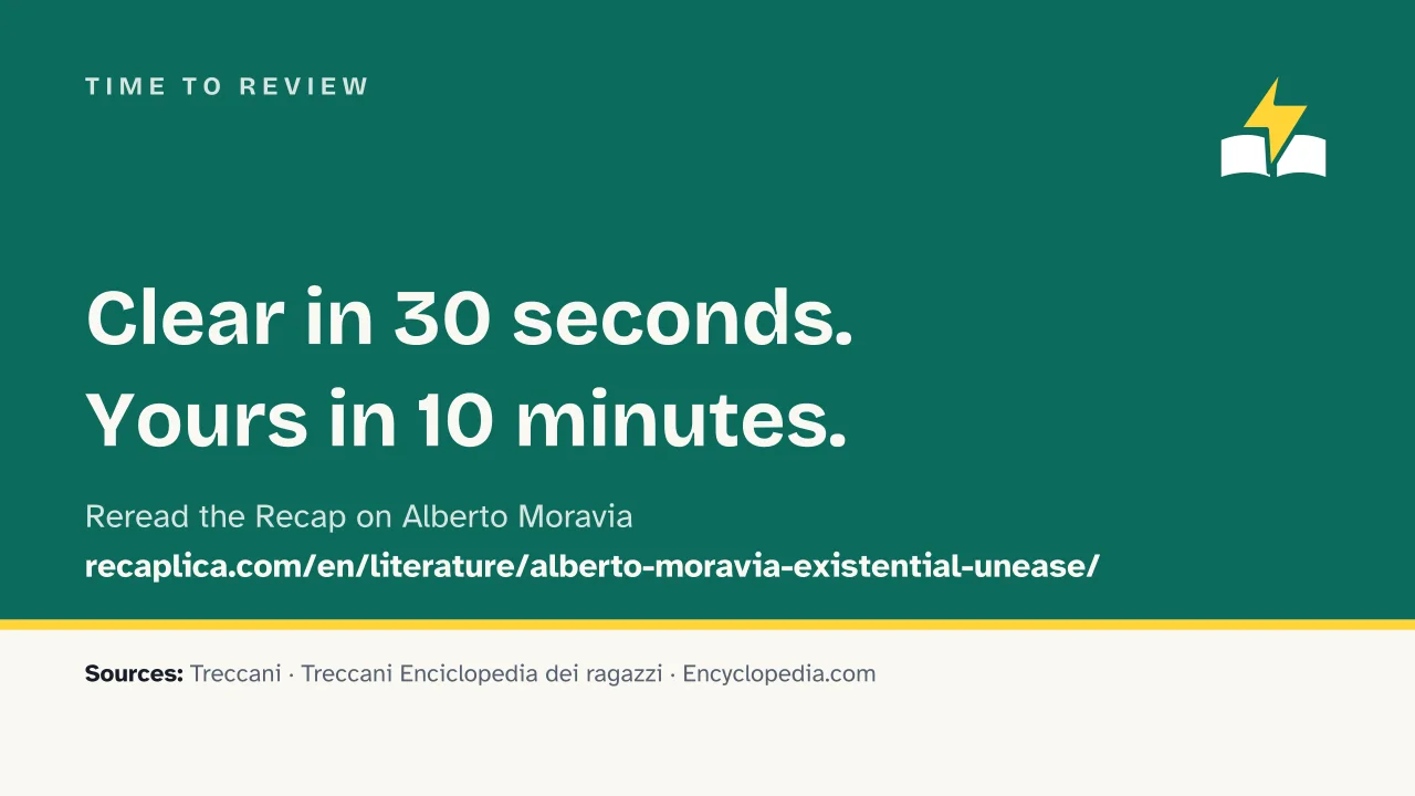 Slide 14 of the presentation on Alberto Moravia: Time to review